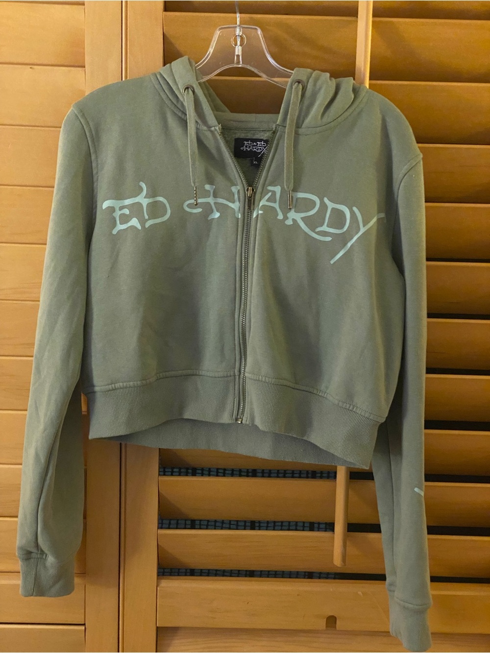 Ed Hardy Cropped Zip Up Hoodie Sage Olive Green Born Free Bird Heart Y2K Style